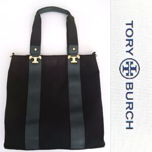 Tory Burch Nico Tall Tote Bag Blk Canvas Gold T Logo Lined 15X14 w Dustbag